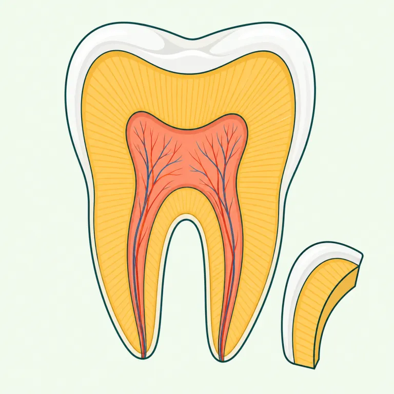 dentin（象牙質・名詞）の覚え方イラスト — dentin は dentist・dental と同じ dent- を見たらまず「歯の話」と反応するのが近道