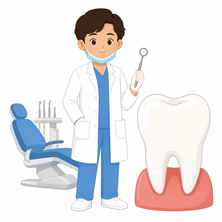 dentist（歯医者・名詞）の覚え方イラスト — dent- を見たら dental, denture など『歯まわりの語』をまとめて思い出すと定着しやすいです
