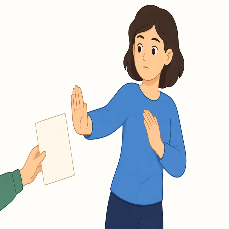 deny（否定する・動詞）の覚え方イラスト — このエントリの deny は、依頼を断る「拒否する」ではなく、事実・発言・関与などを「本当ではないと言う」意味です