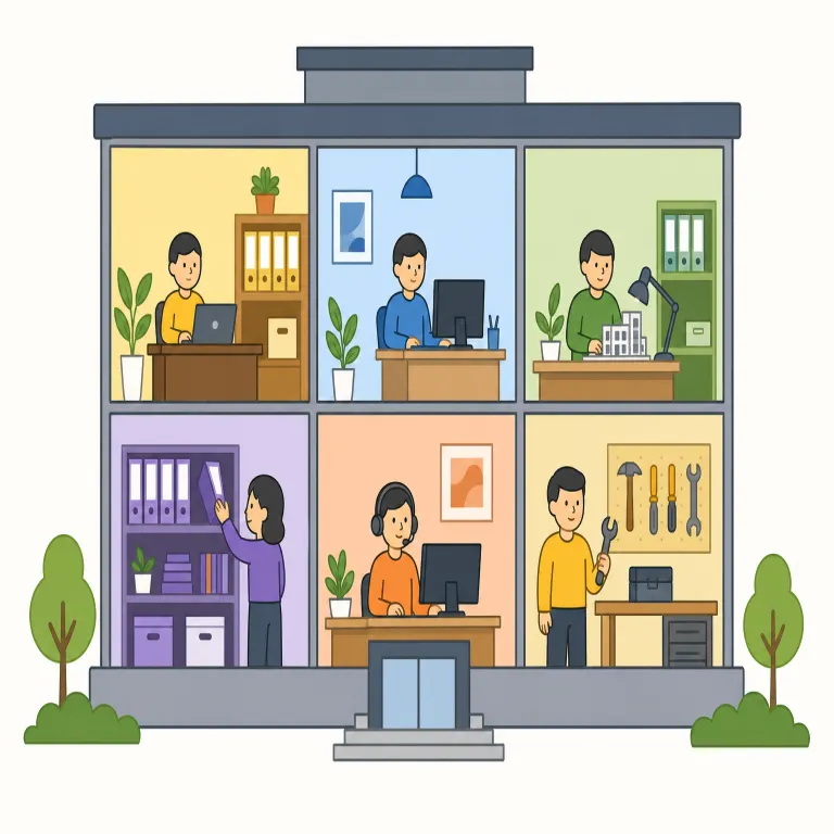 departmental（部門の・形容詞）の覚え方イラスト — department は「部門・部署」で、-al は national, personal, financial などと同じく「〜に関する」を作る語尾