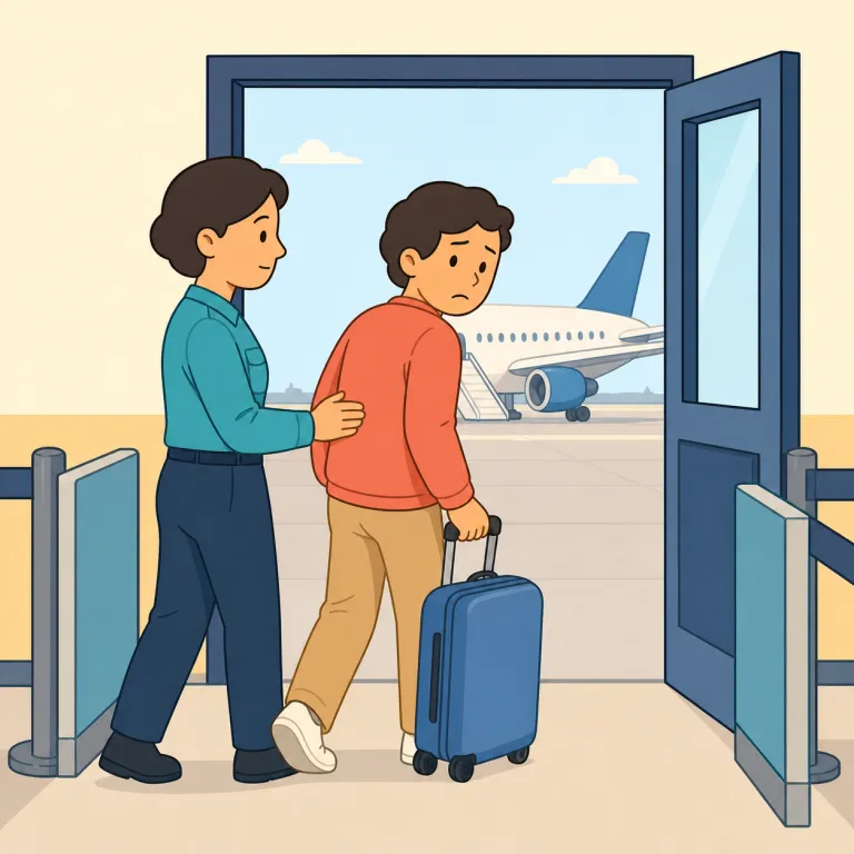 deport（強制送還する・動詞）の覚え方イラスト — de- は「離れて・外へ」、port は transport や portable に出る「運ぶ」の語根です