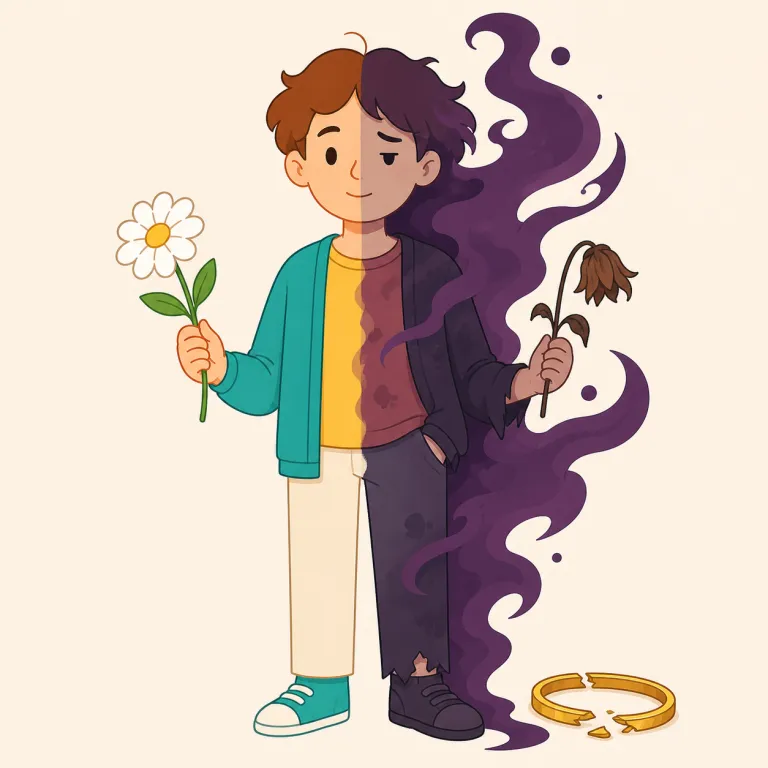 deprave（堕落させる・動詞）の覚え方イラスト — ラテン語の de-「悪い方向へ」と pravus「曲がった」を結び付け、「人の心や道徳を悪い方向へ曲げる」と捉えると覚えやすい語です