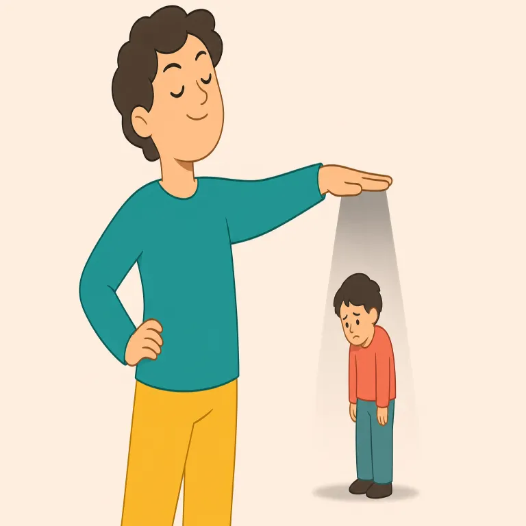 deprecating（けなすような・形容詞）の覚え方イラスト — deprecating は de- を「価値を下へ向ける」と見て覚えると、この語義に結びつきやすい語