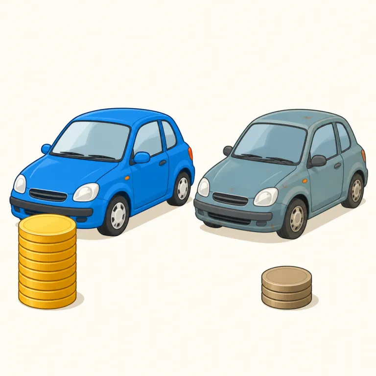 depreciating（価値が下がっている、減価償却中の・形容詞）の覚え方イラスト — de- は「下げる」方向、appreciate が「価値を認める・上がる」側だと分かっていれば、depreciate はその逆で「価値を下げる」と…