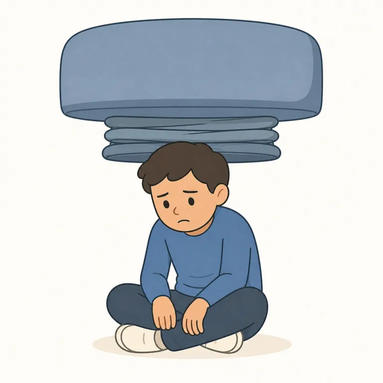 depress（気分を沈ませる、押し下げる・動詞）の覚え方イラスト — press「押す」を知っていれば、depress は「下向きに押して、気分や数値を落とす」とまとまりで覚えやすいです