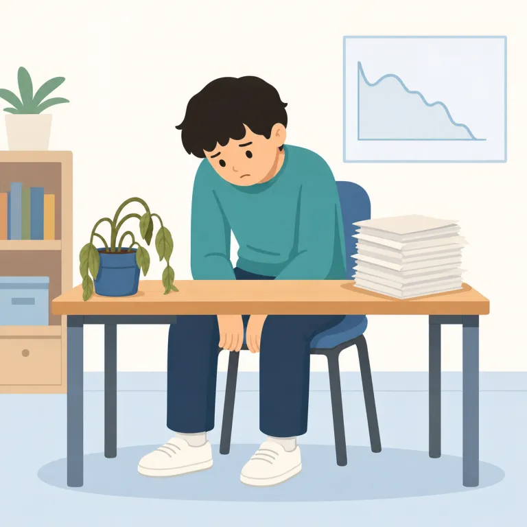 depressed（落ち込んだ・形容詞）の覚え方イラスト — depressed は「何かの出来事で気持ちや勢いが下がった状態」として押さえると覚えやすい語です