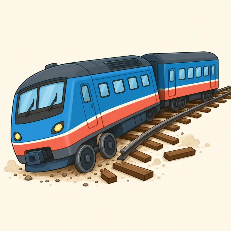 derailment（脱線・名詞）の覚え方イラスト — rail が「レール」、derail が「レールから外す」、-ment が「出来事・結果」を作る名詞語尾、と分けて見ると derailment は「脱線という出来事」とまとまって覚…