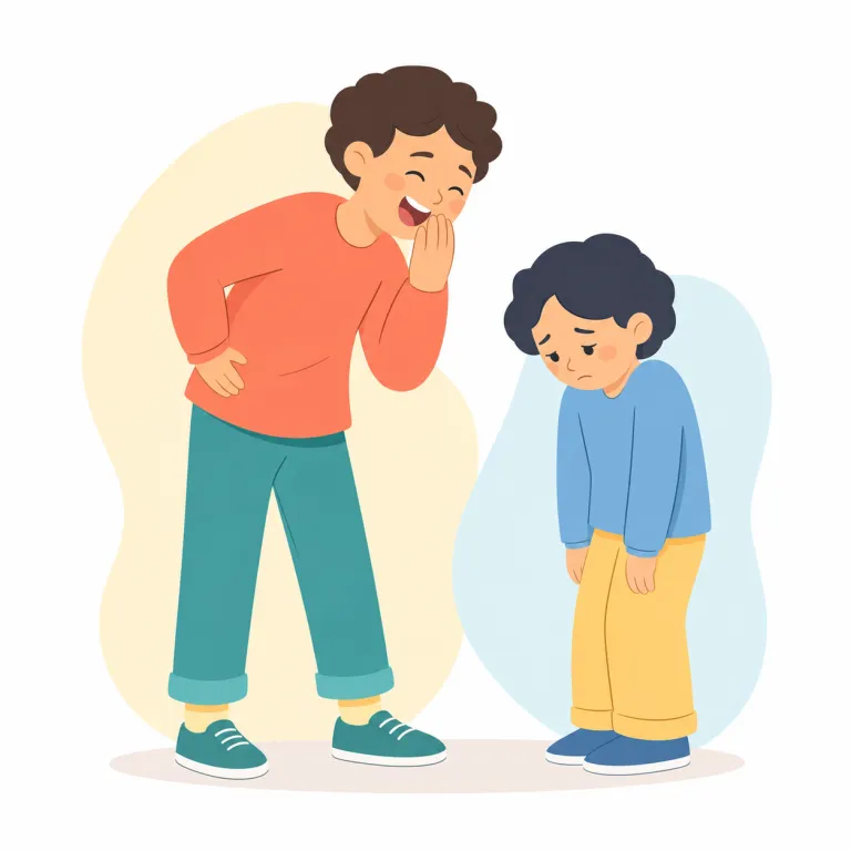 deride（嘲笑する・動詞）の覚え方イラスト — deride は「ただ笑う」ではなく、相手を見下して価値を下げる感じ