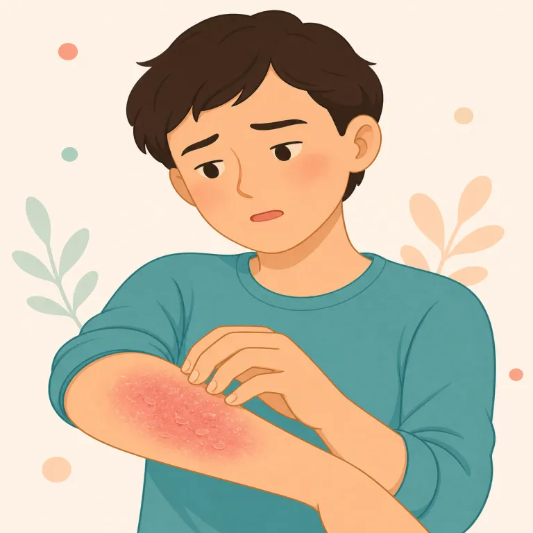 dermatitis（皮膚炎・名詞）の覚え方イラスト — "derma-" を見たら skin 系を連想できるようにすると強いです