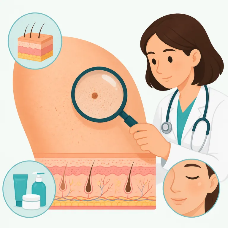 dermatology（皮膚科学・名詞）の覚え方イラスト — まず biology, geology と同じく、末尾の「-ology」を見たら『〜学・学問分野』だと押さえる