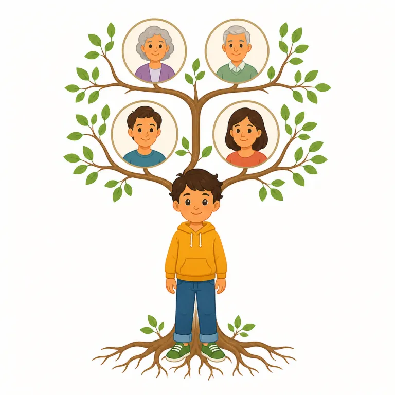 descendant（子孫・名詞）の覚え方イラスト — descendant は、親・祖父母・先祖から血筋が続いて生まれた「子孫」を表す名詞です
