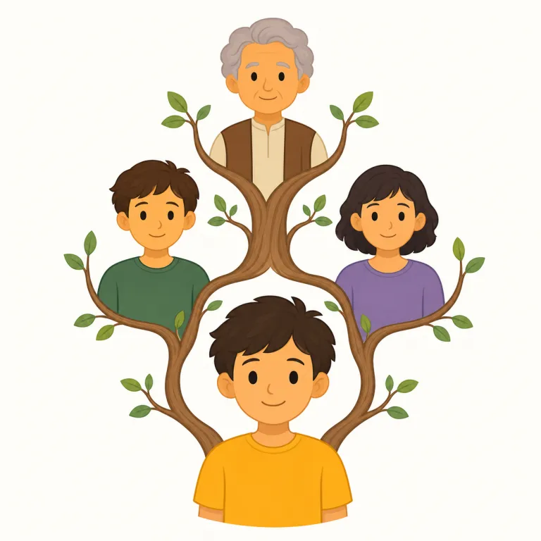 descendent（子孫・名詞）の覚え方イラスト — 名詞の descendent は、祖先から子、孫、さらに後の世代へと時間を下っていく人を思い浮かべると覚えやすい語です