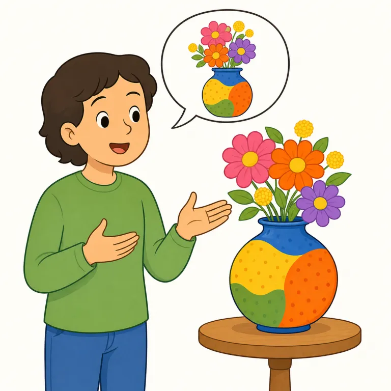 describe（描写する、説明する・動詞）の覚え方イラスト — describe は「相手の頭の中に絵が浮かぶように、言葉で様子を見せる」と捉えると残りやすいです