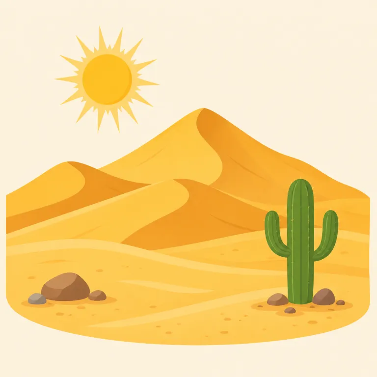 desert（砂漠・名詞）の覚え方イラスト — 砂漠の desert は「水も緑もほとんどない場所」をまず思い浮かべます