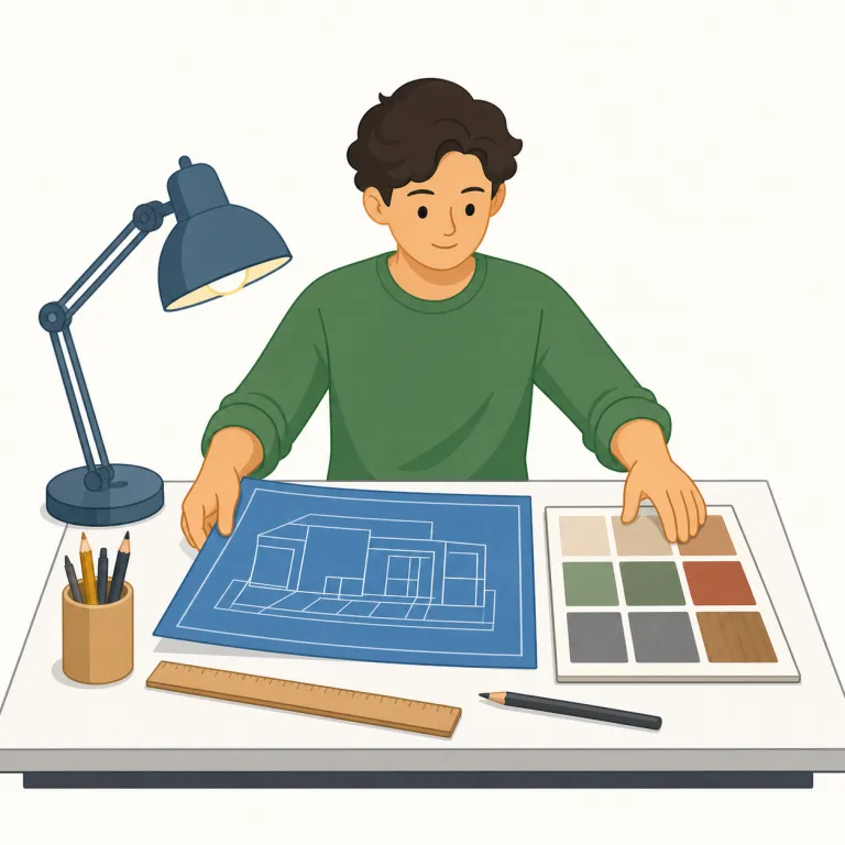 designer（設計者・名詞）の覚え方イラスト — 設計者の designer は、完成物の外見よりも「どう動くか」「どう作るか」を決める人です