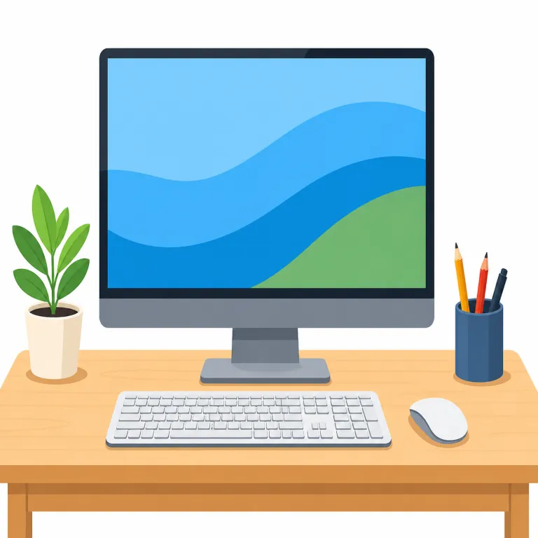 desktop（デスクトップ・名詞）の覚え方イラスト — この項目の desktop は、机の上という基本義とは別に、IT文脈で使う「デスクトップ」を表します