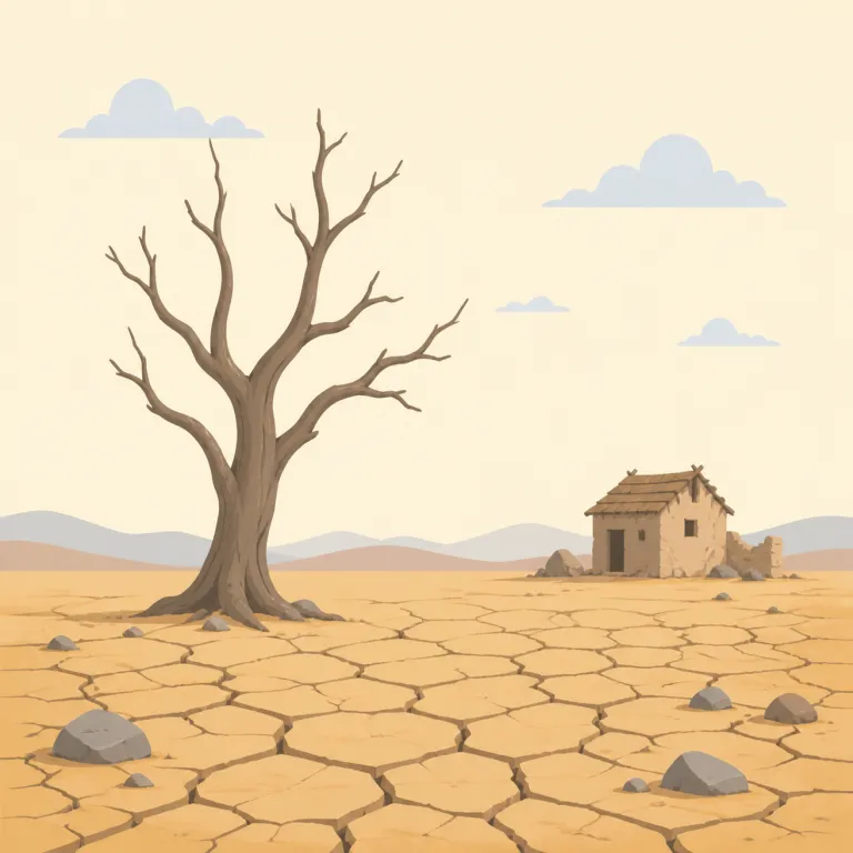 desolate（荒涼とした・形容詞）の覚え方イラスト — この「荒涼とした」の desolate は、人の気持ちの「寂しい」とは別に、場所から人・緑・温かさが抜け落ちたような印象を表す用法です