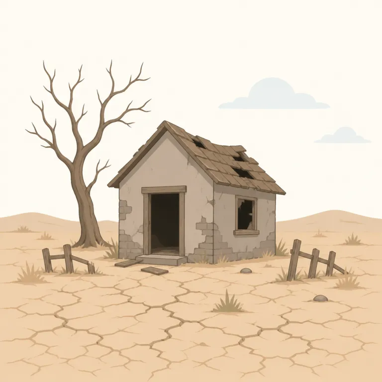 desolation（荒廃・名詞）の覚え方イラスト — このエントリの desolation は、基本義の「孤独、わびしさ」ではなく、場所や景色が人けなく荒れ果てた「荒廃」を指します