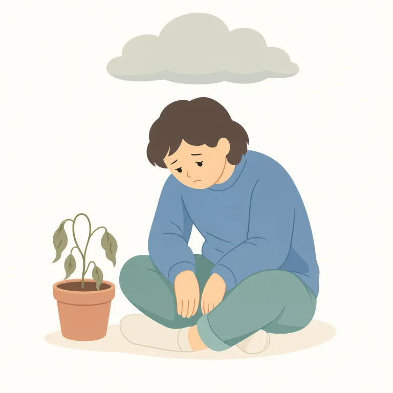 despondent（意気消沈した・形容詞）の覚え方イラスト — despondent は、ただ sad というより『希望がしぼんで反応まで鈍い』落ち込み方として覚えると残りやすいです