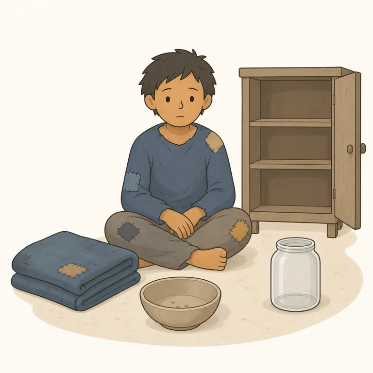 destitution（極貧・名詞）の覚え方イラスト — destitution は、まず形容詞 destitute「極貧の・欠乏した」とセットで覚えると定着しやすいです