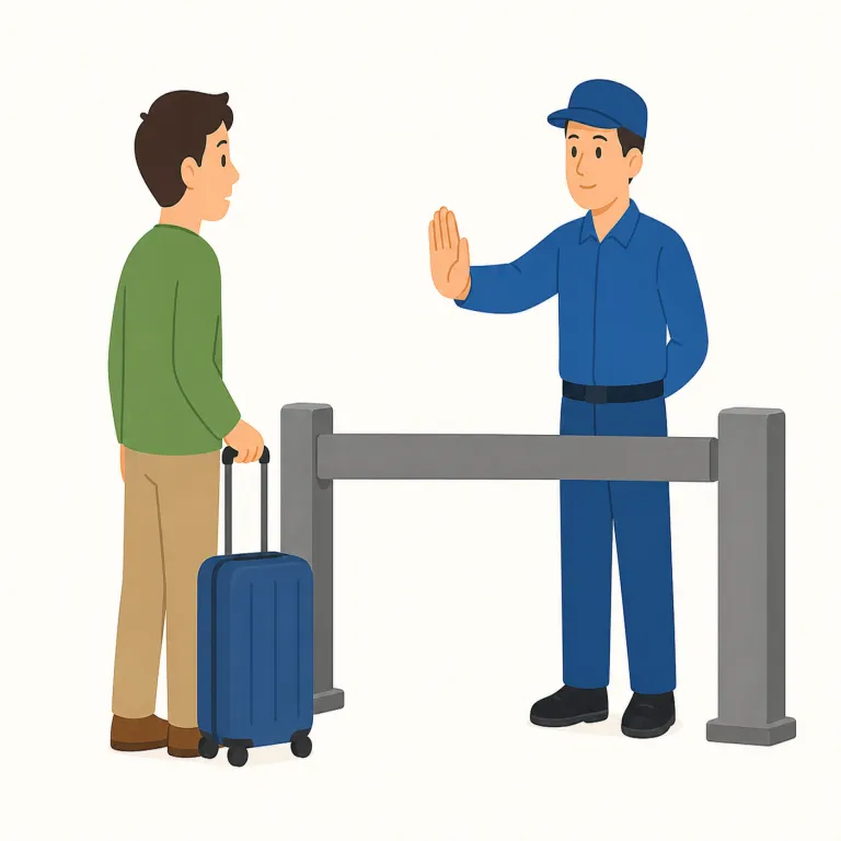 detain（拘束する、引き留める・動詞）の覚え方イラスト — detain は『人をその場にとどめて行かせない』で覚えると強い