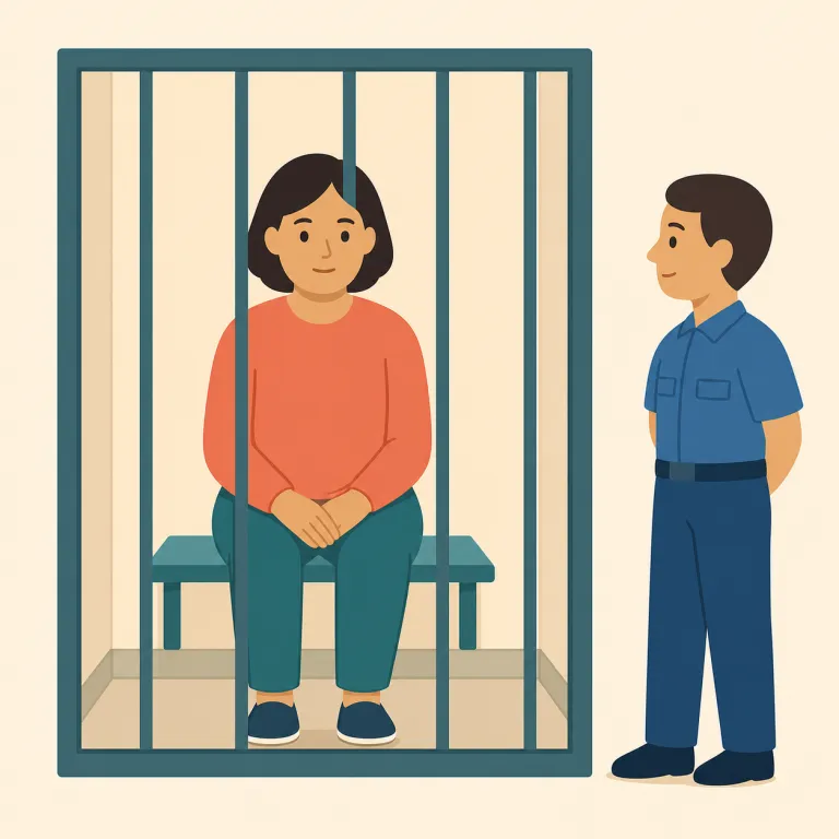 detainee（拘留者・名詞）の覚え方イラスト — detain「拘留する」に -ee「その行為を受ける人」が付いた形で、「拘留される人」と分解できます