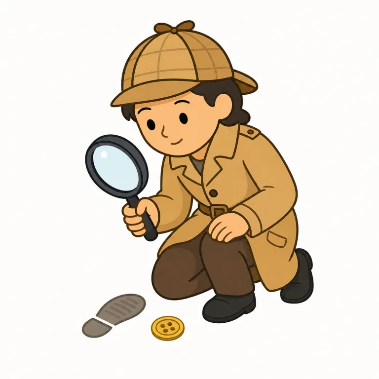 detective（探偵・名詞）の覚え方イラスト — この detective は「刑事」という基本義ではなく、個人や依頼人のために調査する「探偵」を表す用法として覚えます