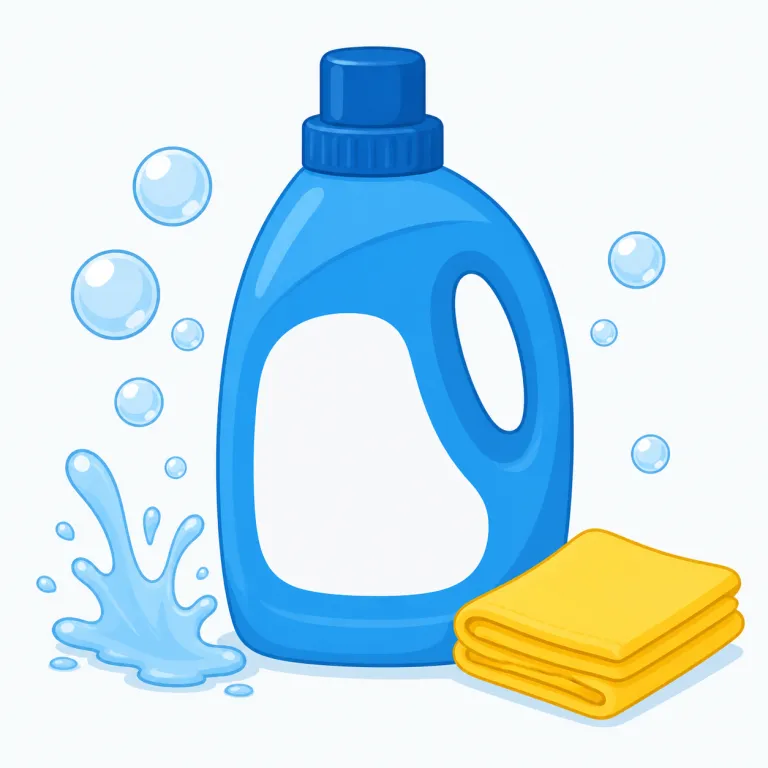 detergent（洗剤・名詞）の覚え方イラスト — 名詞 detergent は、スーパーの棚に並ぶボトルや粉末を思い浮かべると覚えやすい語です