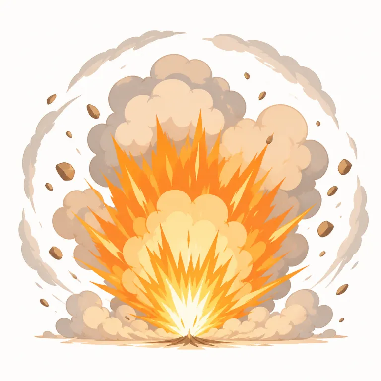 detonation（爆発・名詞）の覚え方イラスト — この detonation は「起爆」という手順ではなく、爆薬や爆弾が実際に起こした「爆発」という出来事・現象を表す用法です