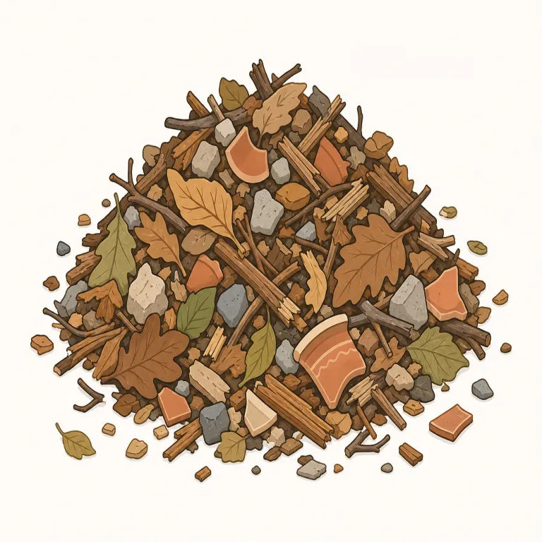 detritus（残骸・名詞）の覚え方イラスト — detritus は debris を知っていると覚えやすい語で、どちらも「散らばった残骸」