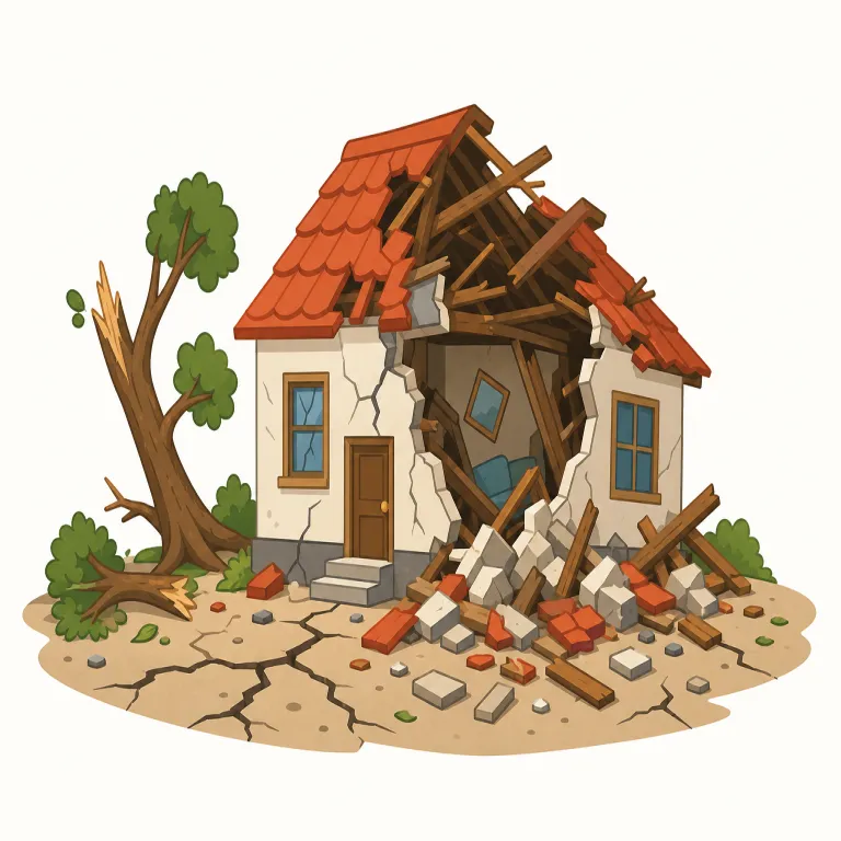 devastating（壊滅的な・形容詞）の覚え方イラスト — このエントリの devastating は、心への衝撃よりも、災害・戦争・病気・市場崩壊などが町、生活、経済、収穫などを大きく損なう「壊滅的な」という意味です