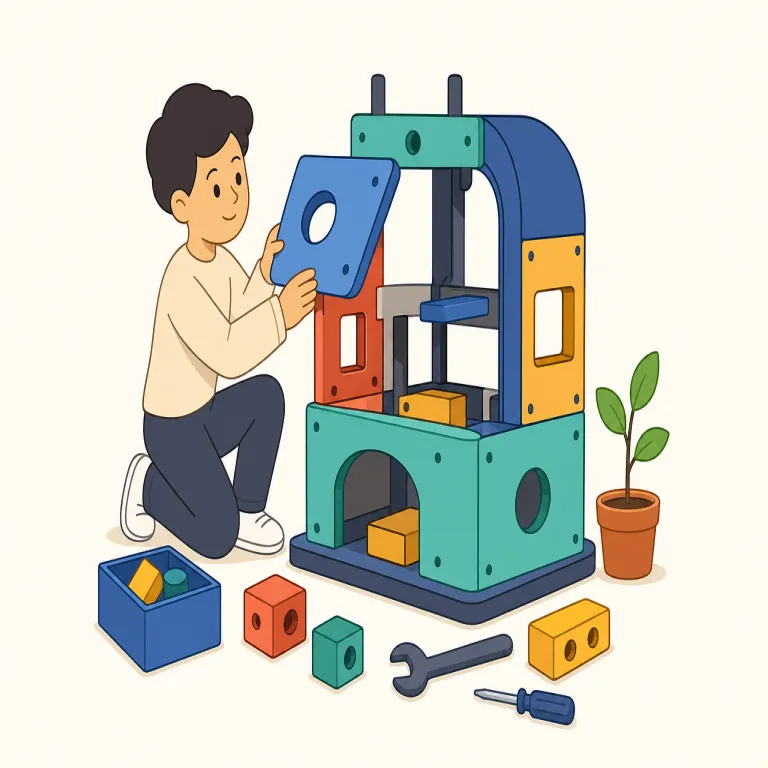 development（開発・名詞）の覚え方イラスト — この development は「発展、発達」という基本義とは別に、何かを実用できる形へ計画的に作り上げる「開発」を表します