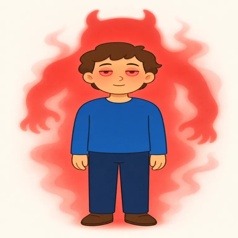 deviled（香辛料を効かせた・形容詞）の覚え方イラスト — 料理で使う deviled は、devil「悪魔」から来た語ですが、ここでは「悪魔に取りつかれた」という人への描写ではなく、味が強く刺激的な料理名の形容詞です