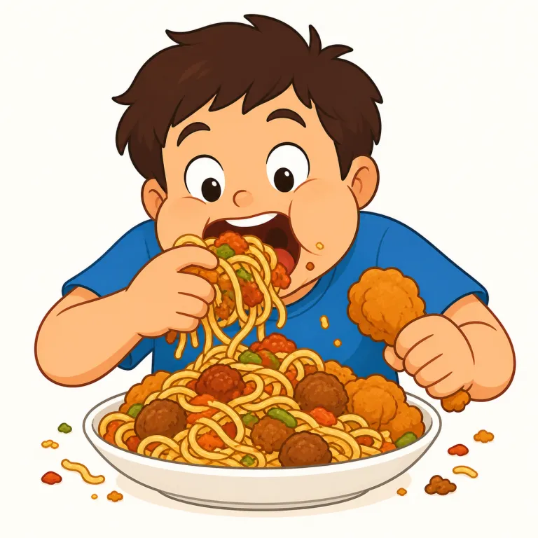 devour（むさぼり食う・動詞）の覚え方イラスト — devour は「食べる」の中でも、空腹や欲望に任せて勢いよく食べ尽くす場面で使います