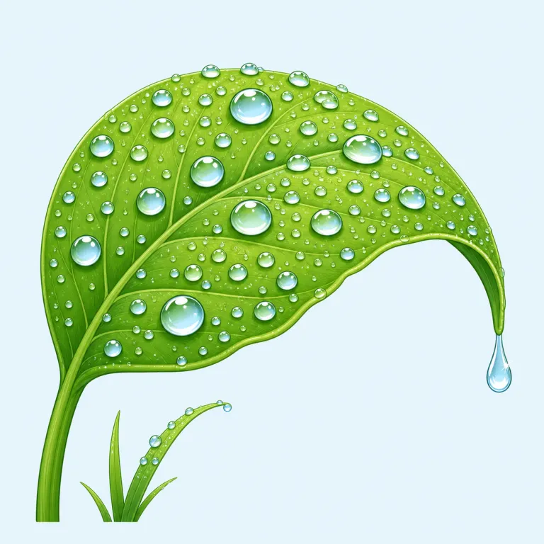 dewy（露にぬれた・名詞）の覚え方イラスト — dewy は dew（露）に形容詞を作る -y が付いた語で、「露にぬれた」という意味