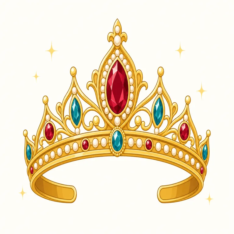diadem（王冠・名詞）の覚え方イラスト — まずは基本語 crown を土台にし、diadem はその中でも「宝石付きで、王権を象徴する、格調高い冠」と位置づけると覚えやすいです