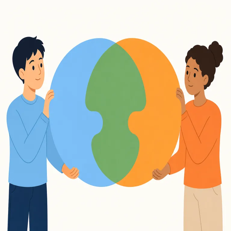 dialectics（弁証法・名詞）の覚え方イラスト — 「対話（dialogue）」や「方言（dialect）」と同じく、dia-（〜の間で）＋lect（話す、選ぶ）から生まれた語