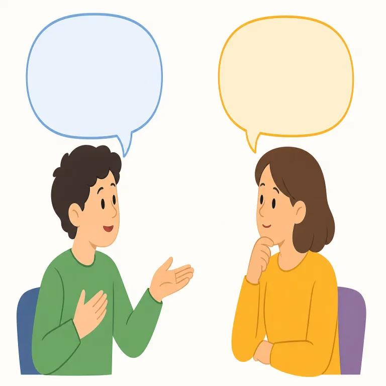 dialogue（対話・名詞）の覚え方イラスト — ここでの dialogue は、単なる日常の「会話」ではなく、立場や意見の違う相手と理解を深めるための「対話」を表します