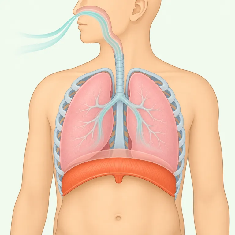 diaphragmatic（横隔膜の・形容詞）の覚え方イラスト — まず名詞 diaphragm「横隔膜」を先に固定し、そこに形容詞を作る -atic が付いて「横隔膜に関する」と見ると覚えやすいです