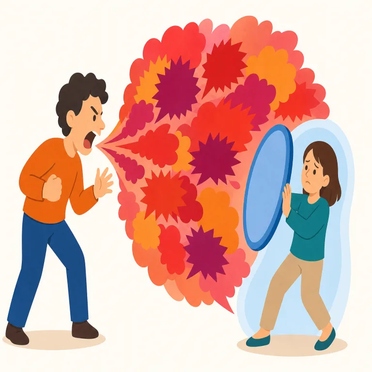 diatribe（激しい非難、痛罵・名詞）の覚え方イラスト — diatribe は「冷静な criticism」ではなく、「怒りが止まらず長々と相手をこき下ろす言葉の連打」とまとめて覚えると定着しやすい