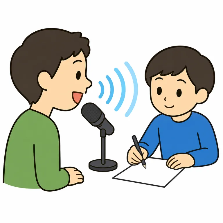 dictate（口述する・verb）の覚え方イラスト