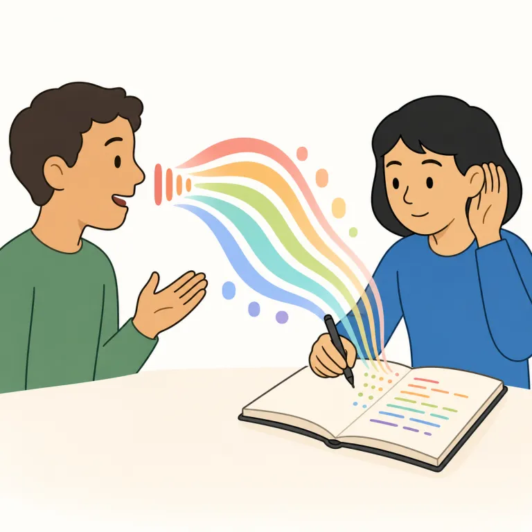 dictation（口述筆記・名詞）の覚え方イラスト — dictation はまず dictate（口述する・書き取らせる）を軸にすると覚えやすいです