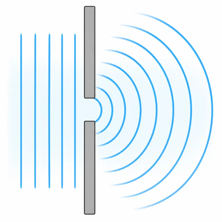 diffraction（回折・名詞）の覚え方イラスト — fracture（砕く）, fraction（分かれた一部）を知っていると、diffraction は「まっすぐ進む波が、端や狭いすき間で進み方を崩され、細かく分かれるように広が…