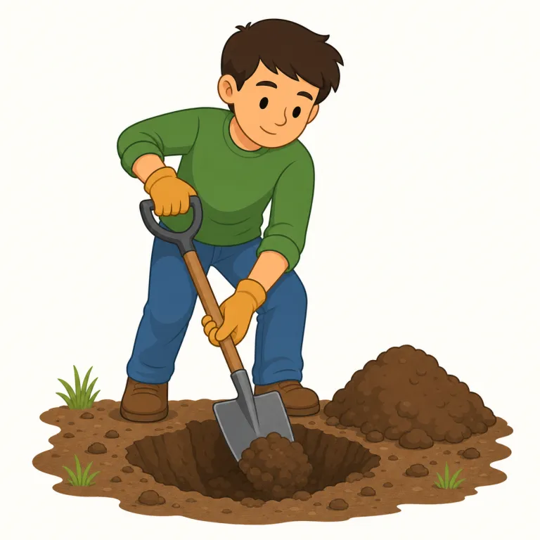 dig（掘る・動詞）の覚え方イラスト — dig はまず「土を掘る」を核に置き、穴を下へ下へ進める動きとして覚えると、比喩の意味にも広がりやすいです