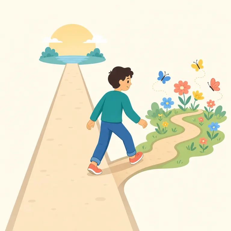 digress（脱線する・動詞）の覚え方イラスト — progress が「前へ進む」なら、digress は話が本筋から横へそれて進む感じだと押さえると覚えやすいです
