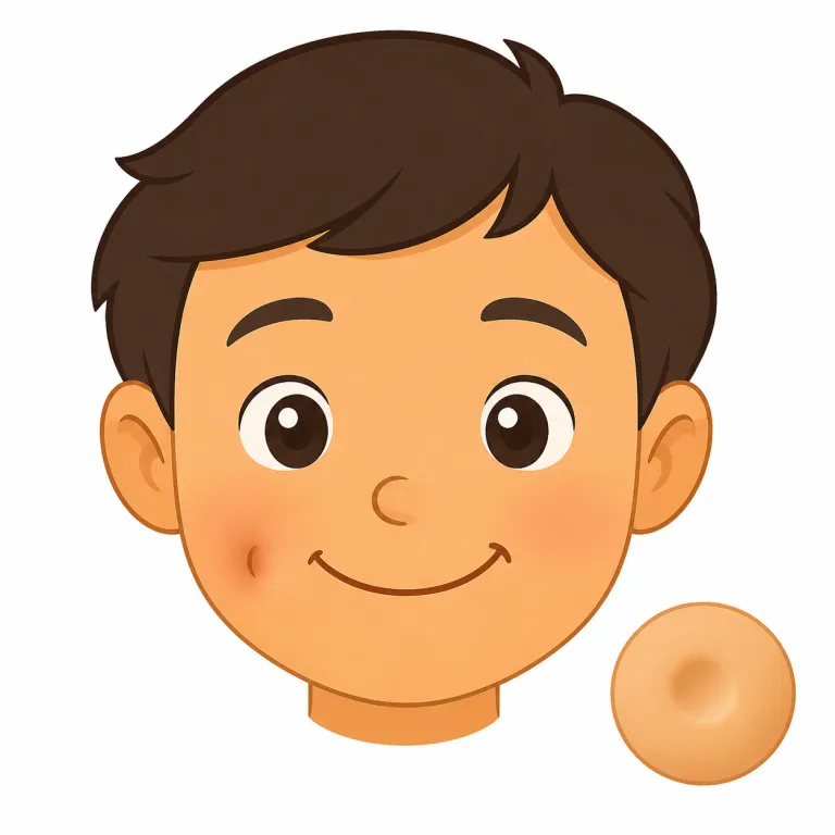dimple（えくぼ、くぼみ・名詞）の覚え方イラスト — まず易しい語の dip「少し下がる・沈む」を思い出すと、dimple は「表面がちょこんとへこむ感じ」でつかみやすいです