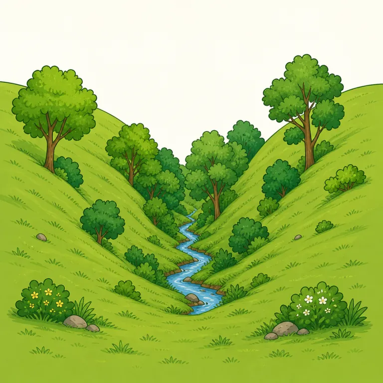 dingle（小さな谷・名詞）の覚え方イラスト — dingle は valley の一種として覚えると入りやすいですが、広く開けた谷ではなく、木や茂みに包まれた「ひっそりした小さな窪地」を指す語です