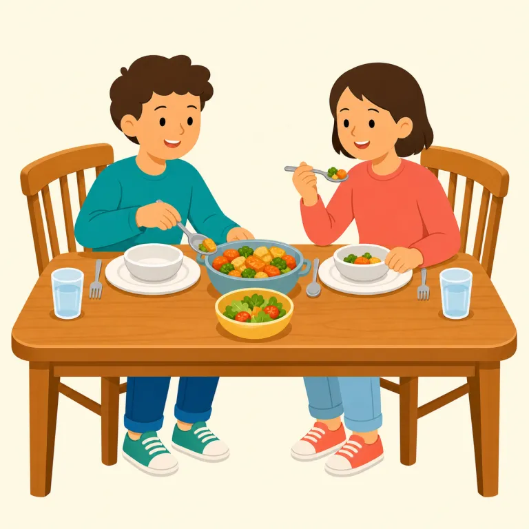 dining（食事をする・動詞）の覚え方イラスト — dining は dine（食事をする）の -ing 形として、まず「食事をしている／食事をするところ」と結びつけると残りやすいです