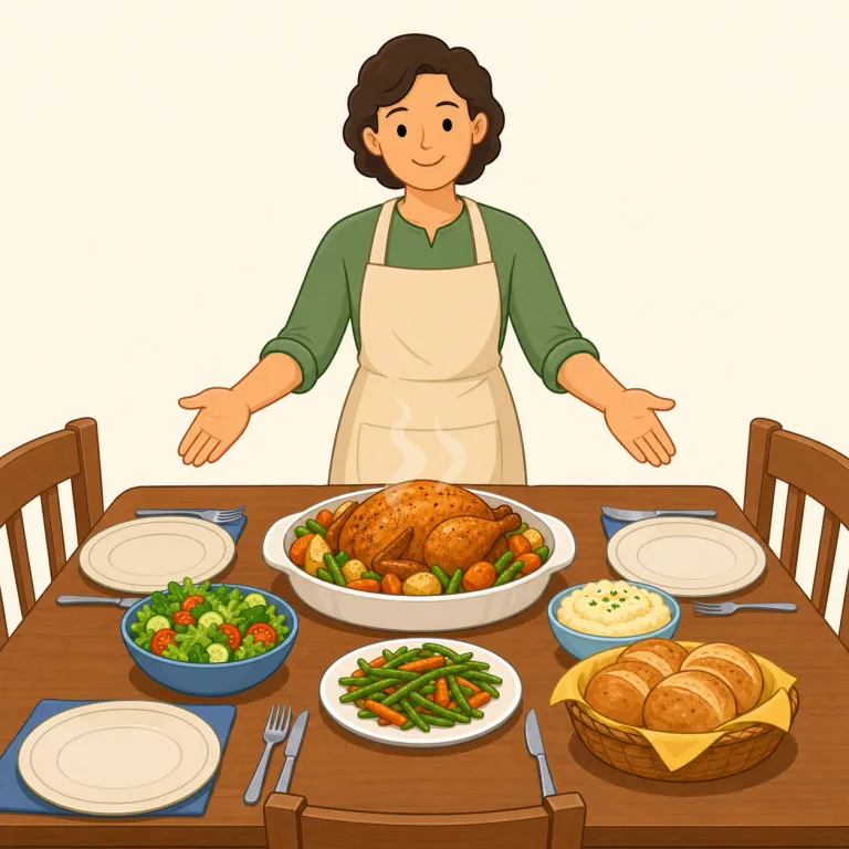 dinner is ready（夕食できた・イディオム）の覚え方イラスト — まず ready を「準備OK」で固定し、"A is ready"＝「Aの用意ができた」の型で覚えると応用しやすいです