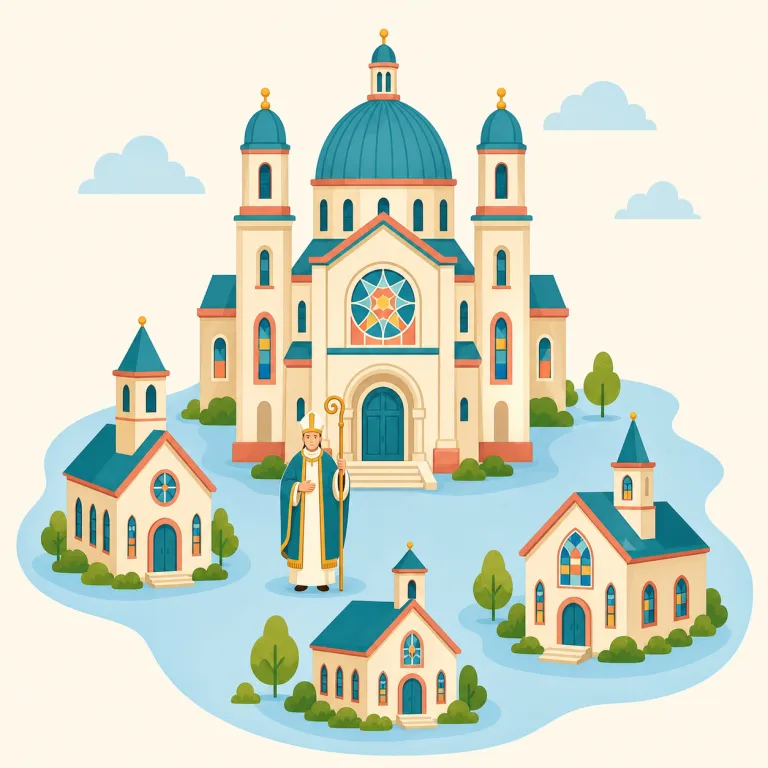 diocesan（教区の・形容詞）の覚え方イラスト — まず名詞 diocese「教区」を押さえ、そのまま形容詞化した語だと見ると覚えやすいです